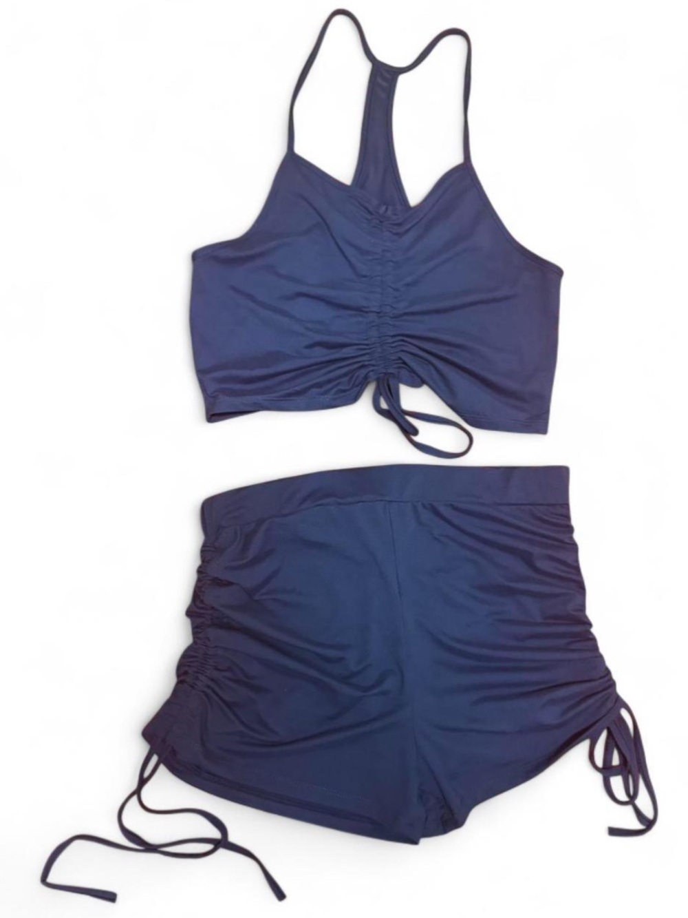 Navy Ruched Two-Piece Short and Crop Tank Set
